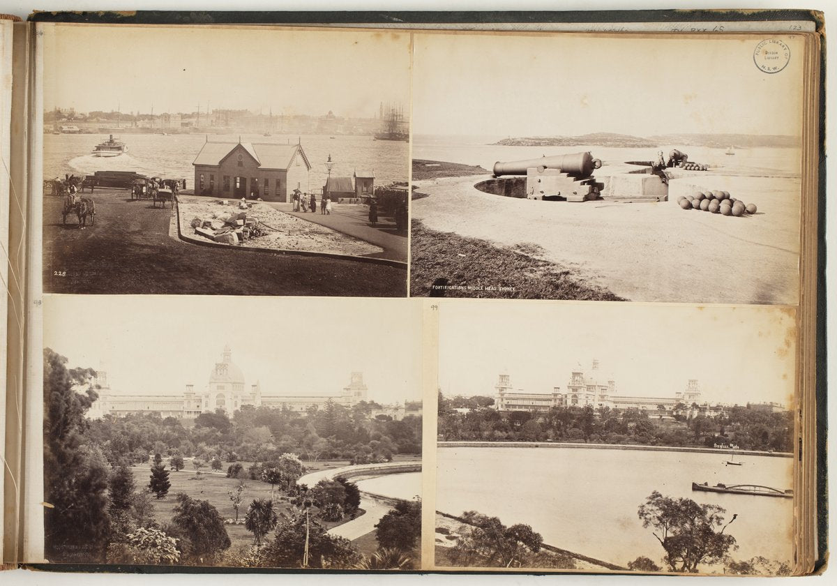 Album leaf from "Views of Old Sydney": Garden Palace, Middle Head guns and a harbour landing — photograph, from Sydney, New South Wales, circa 1870