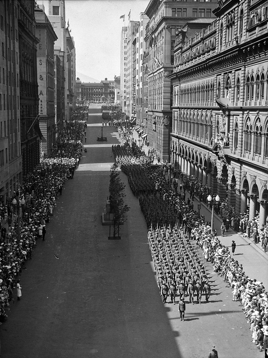 2nd AIF troops marching through Martin Place, Sydney — photograph, circa 1940