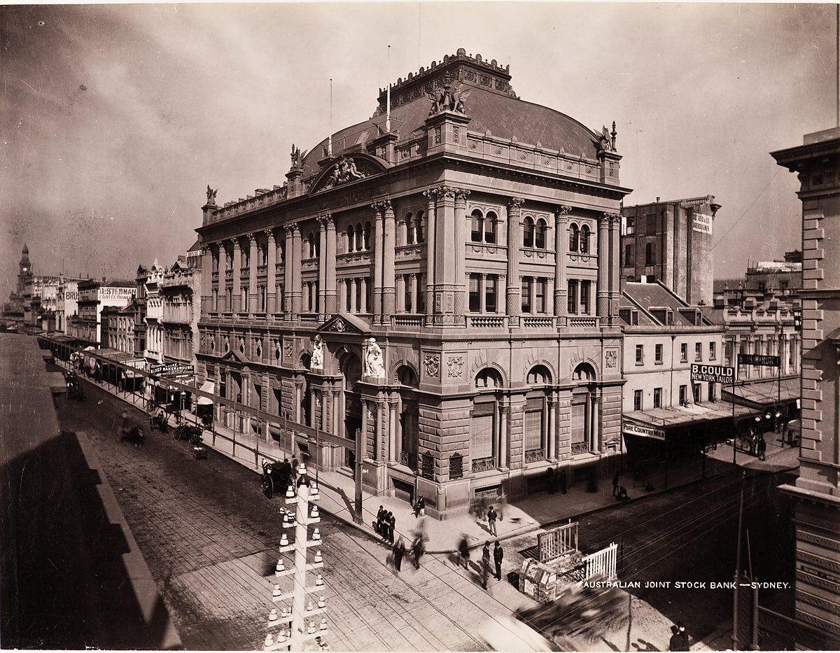 Australian Joint Stock Bank, George Street, Sydney — photograph, from George Street, circa 1892