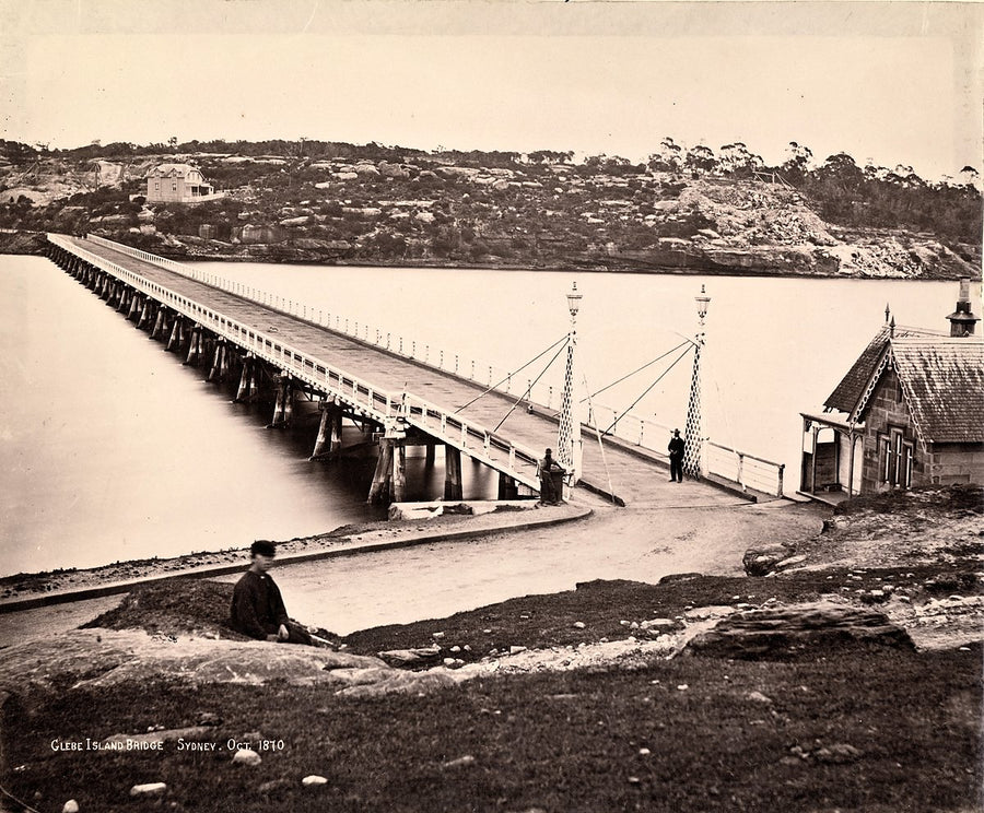 First Glebe Island Bridge across Johnstons Bay, 1870 — photograph, from ANZAC Bridge Shared Pedestrian and Bicycle Path, circa 1870