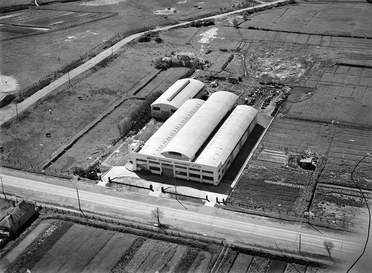 British Standard Machinery Co. works, Waterloo, from the air — photograph, from Waterloo, 1930–50