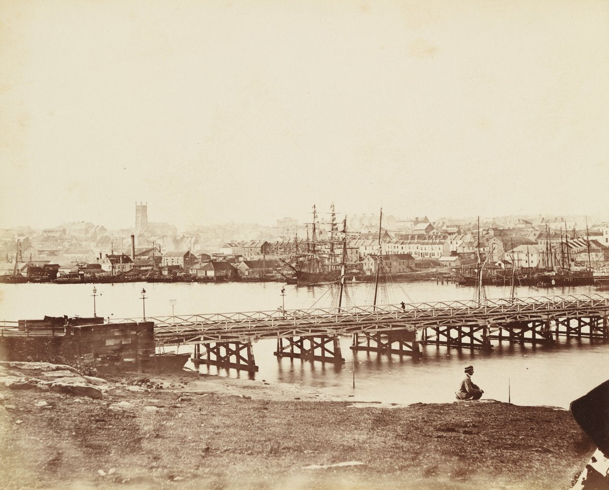 First Pyrmont Bridge across Cockle Bay, Sydney — photograph, from Cockle Bay Wharf, circa 1865