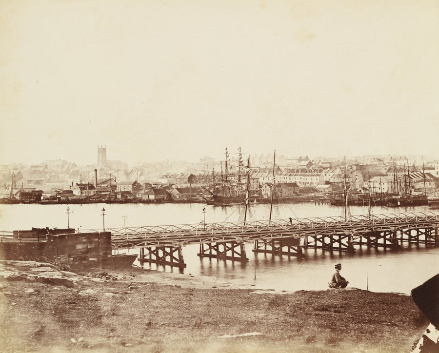 First Pyrmont Bridge across Cockle Bay, Sydney — photograph, from Cockle Bay Wharf, circa 1865
