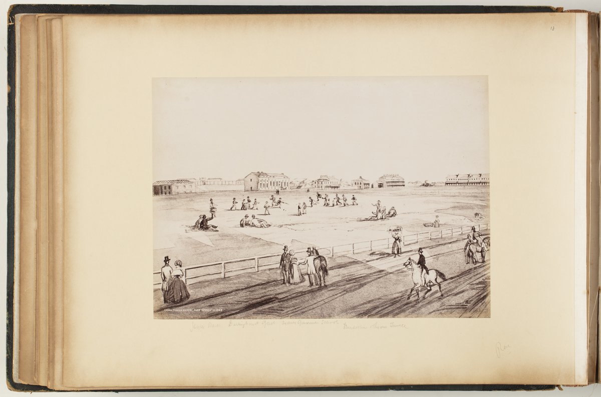 Hyde Park, Sydney, in 1842, with Lyons Terrace on the skyline — illustration, from Hyde Park, Sydney, circa 1870