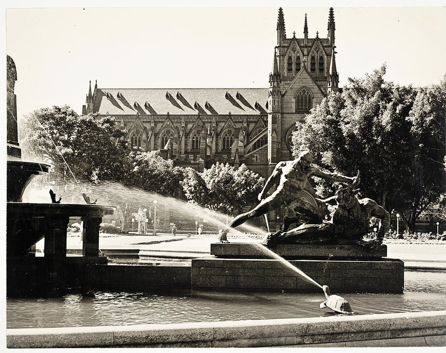Archibald Fountain and St Mary's Cathedral, Hyde Park — photograph, from Archibald Fountain, circa 1950