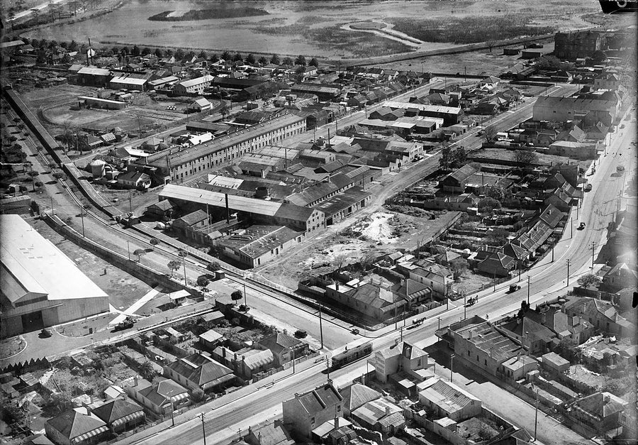 Factories, goods yard and tram line, Botany — photograph, from Botany, c. 1940
