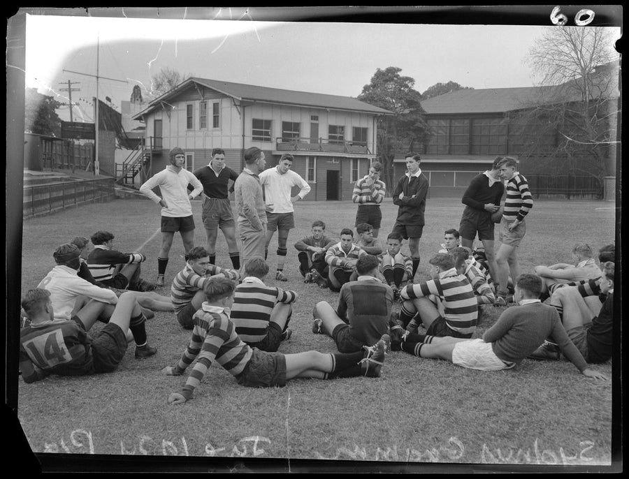 Sydney Grammar rugby players gathered on the field, 1954 — photograph, from Sydney Grammar School, Sydney, circa 1954