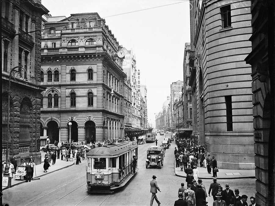 Trams on George Street at Martin Place, Sydney, 1937 — photograph, from Sydney General Post Office, circa 1937