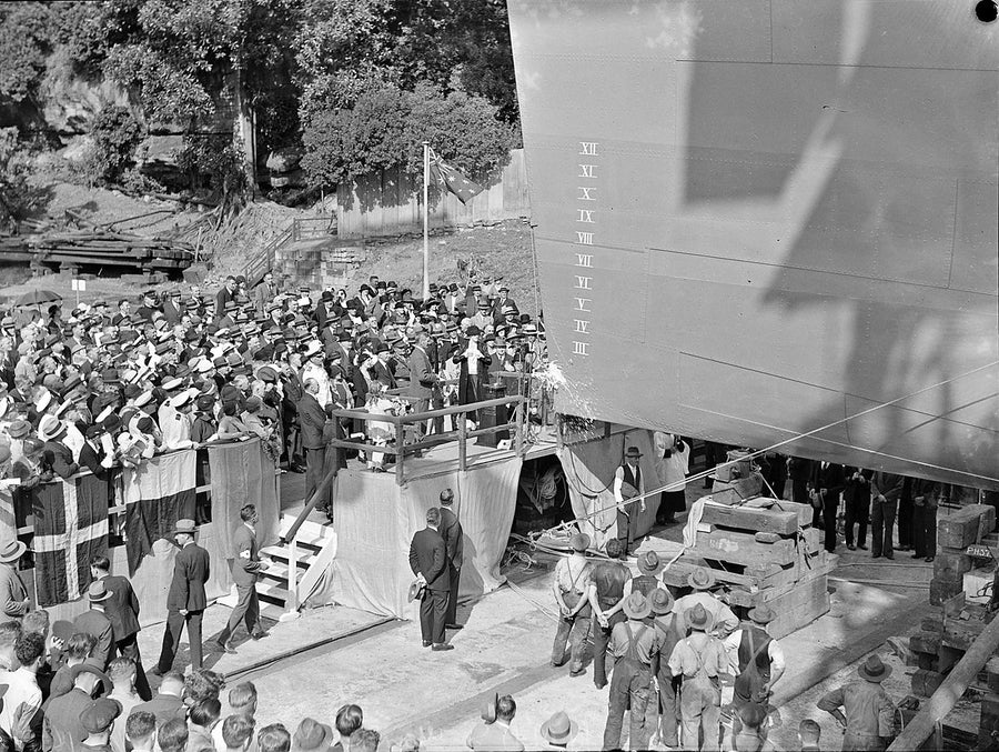Launch of HMAS Yarra, Cockatoo Island Dockyard, 1935 — photograph, from Cockatoo Island, circa 1935