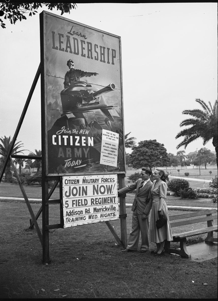 Citizen Military Forces recruiting hoarding, Marrickville, 1948 — photograph, from Marrickville, New South Wales, circa 1948