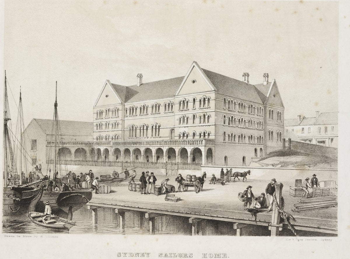 Sydney Sailors' Home seen from the harbour wharf — illustration, from Sydney Sailors' Home, The Rocks, Sydney, circa 1859