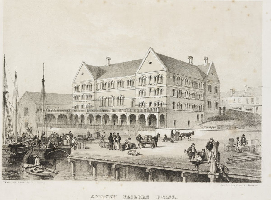 Sydney Sailors' Home seen from the harbour wharf — illustration, from Sydney Sailors' Home, The Rocks, Sydney, circa 1859