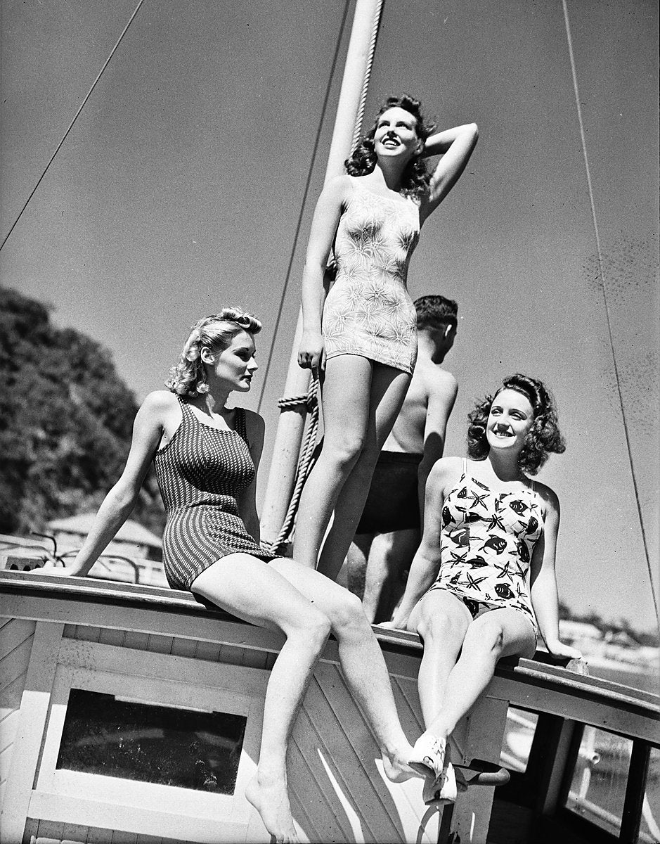 Jantzen swimsuits modelled on a boat cabin roof, Palm Beach, 1940 — photograph, from Palm Beach, circa 1940