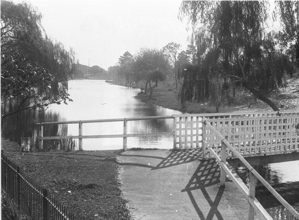 Lattice footbridge on the upper Parramatta River — photograph, from Parramatta, circa 1930
