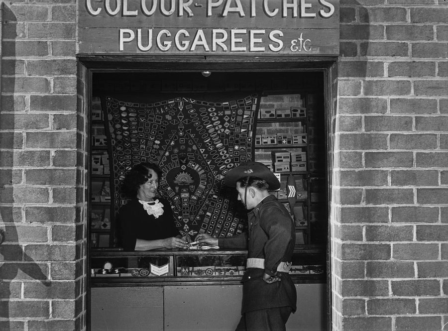 Colour-patches and puggarees stall, Marrickville Army Depot — photograph, from Marrickville, circa 1948