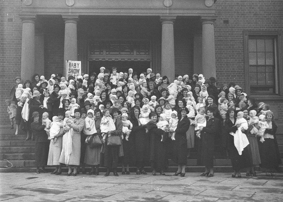 Baby show entrants on the steps of Marrickville Town Hall — photograph, from Marrickville Town Hall, circa 1934