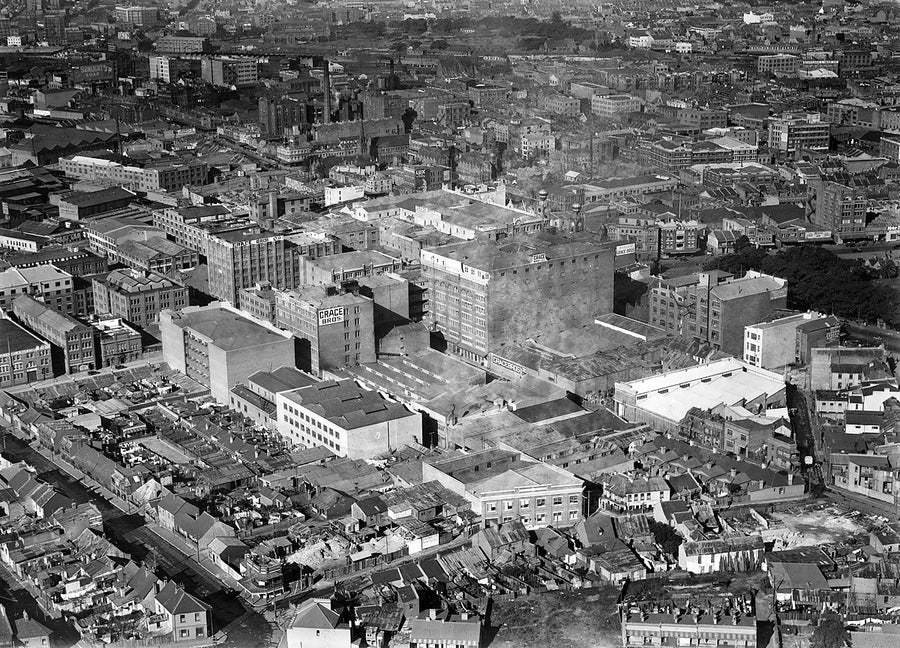 Grace Bros Broadway store from the air, ca. 1940 — photograph, from Bay Street, circa 1940