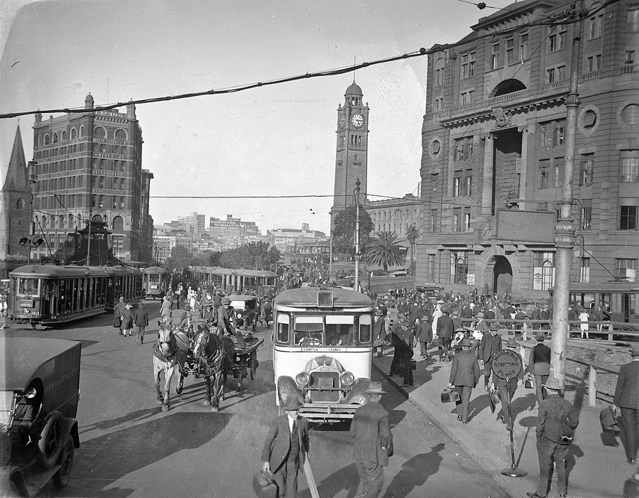Railway Square traffic beneath the Central Station clock tower, 1927 — photograph, from Railway Square, circa 1927