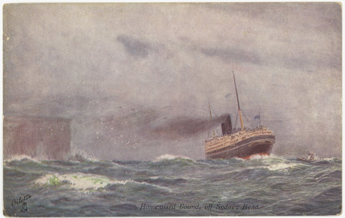 Homeward Bound, off Sydney Heads — Oilette postcard of a steamer — illustration, from Sydney Heads (South Head), New South Wales, circa 1920