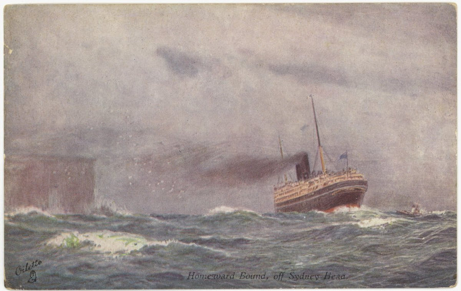Homeward Bound, off Sydney Heads — Oilette postcard of a steamer — illustration, from Sydney Heads (South Head), New South Wales, circa 1920