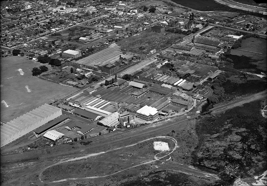 Factory precinct beside the railway, Sydney, aerial view — photograph, c. 1950