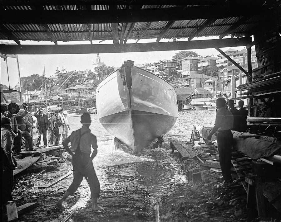 Launch of Harold Nossiter's schooner Sirius, Careening Cove — photograph, from Careening Cove, circa 1935
