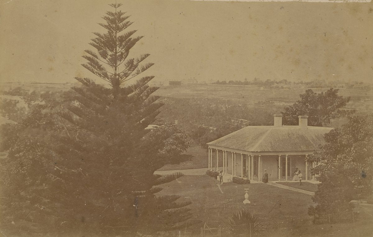 Glenrock Cottage and garden, Darling Point, with the Lamb family on the verandah — photograph, from Darling Point, c. 1860