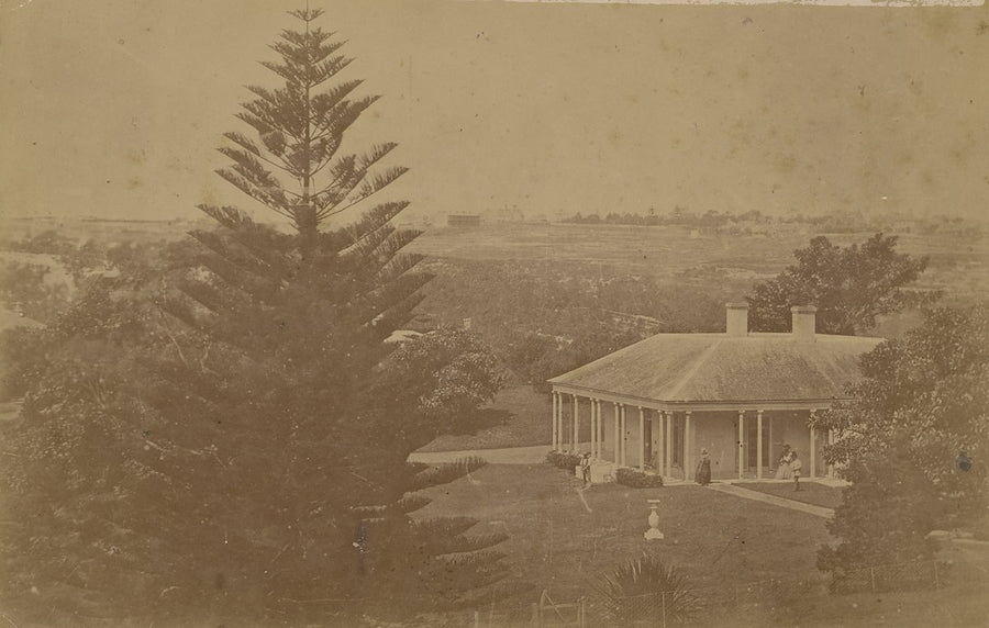 Glenrock Cottage and garden, Darling Point, with the Lamb family on the verandah — photograph, from Darling Point, c. 1860