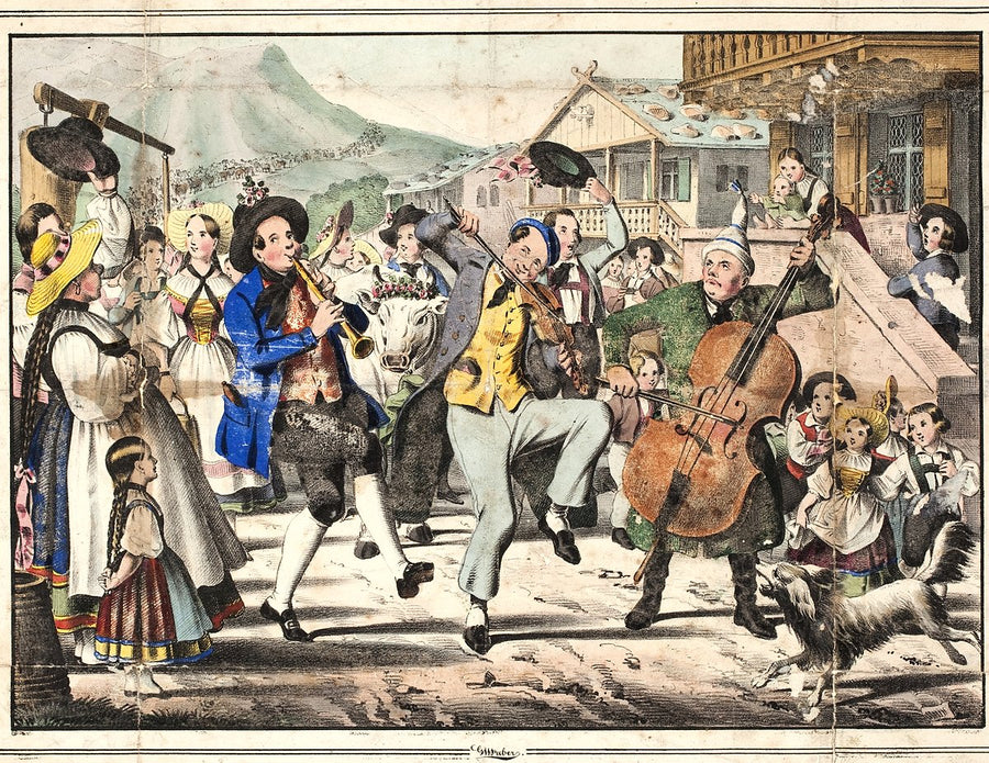 Das Alpenfest: Musicians and Dancers at an Alpine Festival — illustration, circa 1859