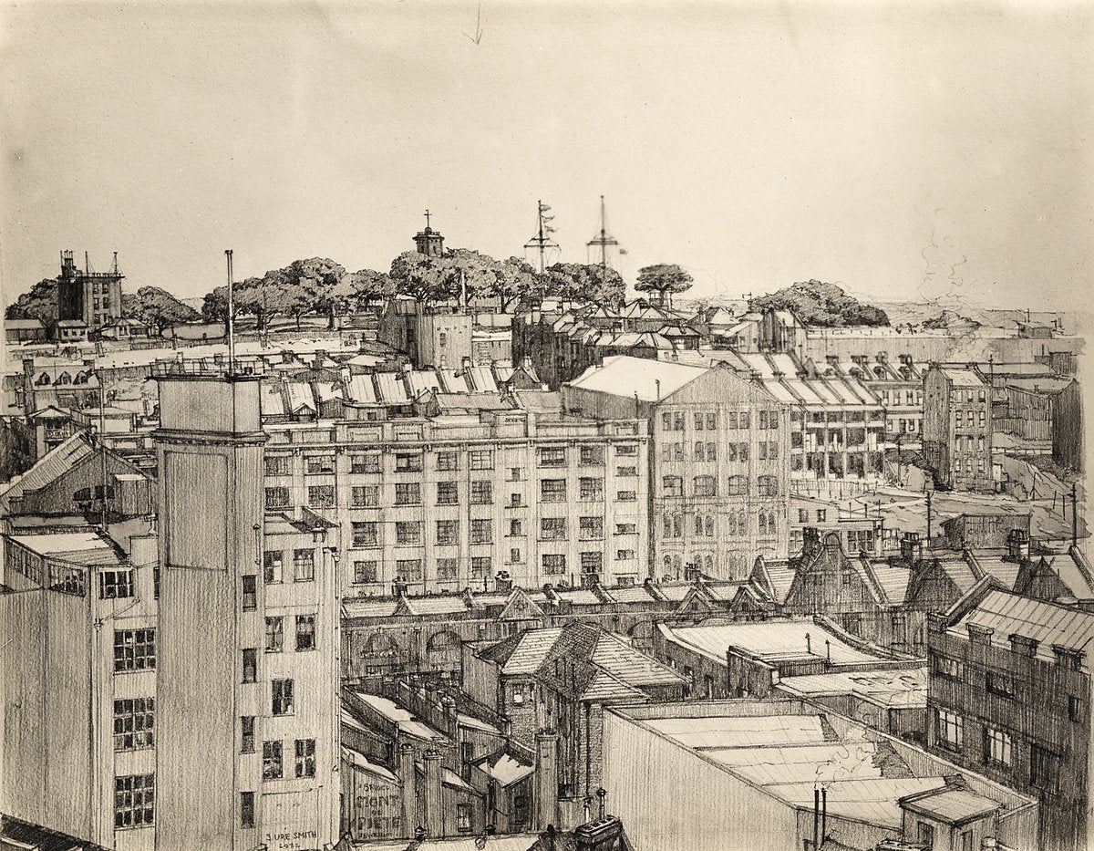 Observatory Hill across Sydney's rooftops — illustration, 1932