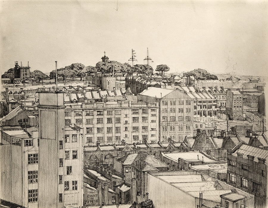 Observatory Hill across Sydney's rooftops — illustration, 1932