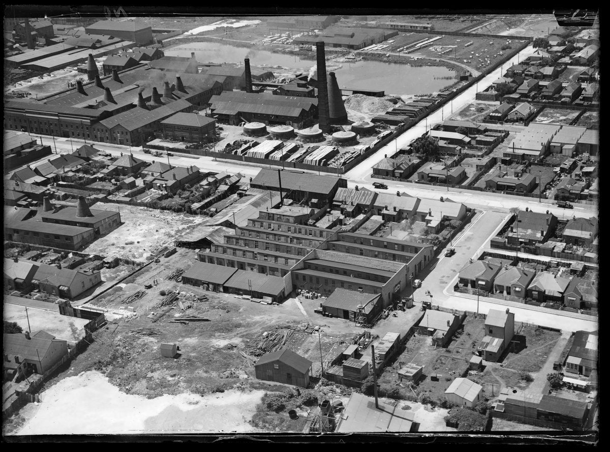 Bottle kilns of a Marrickville pottery works from the air, ca. 1939 — photograph, from Pottery works, Marrickville district, Sydney, circa 1939