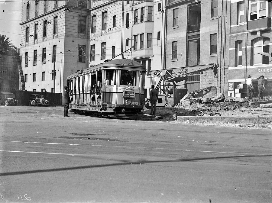Tram no. 973 beside tramway excavation, Sydney, 1934 — photograph, from Sydney CBD, circa 1934
