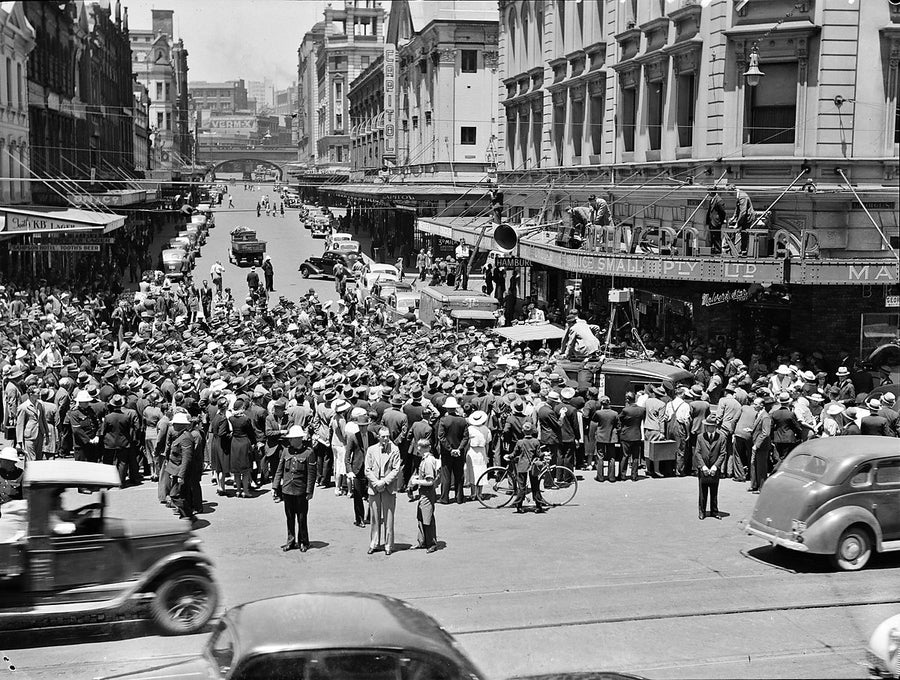 Crowd outside Bruce Small's bicycle shop, Sydney — photograph, circa 1937