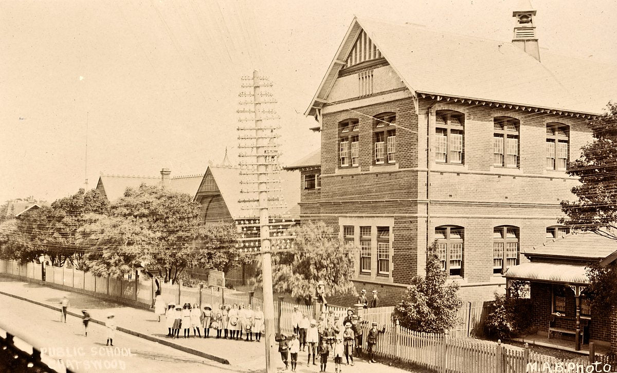 Chatswood Public School with pupils at the fence — photograph, from Chatswood Public School, circa 1927