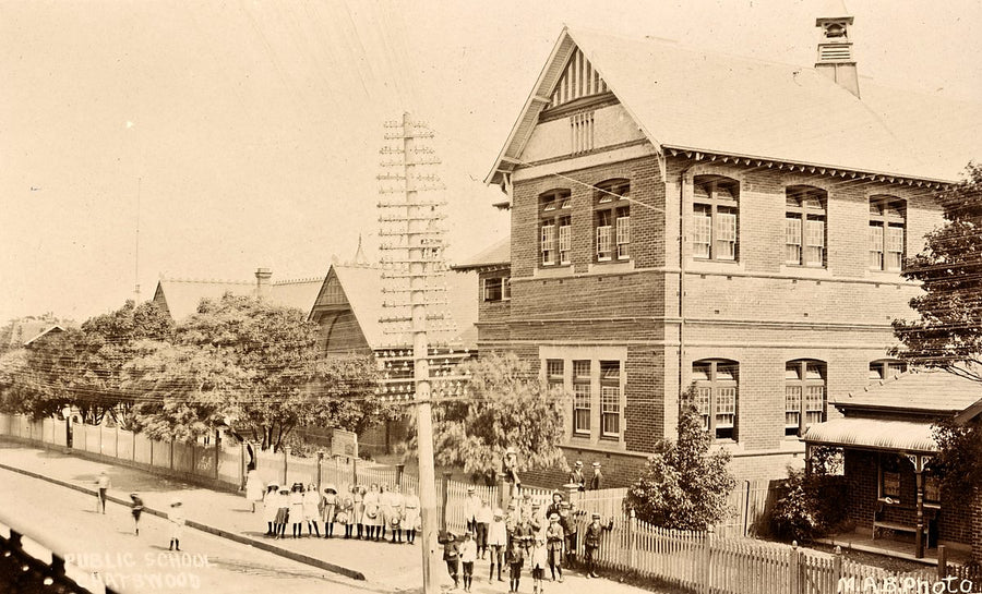 Chatswood Public School with pupils at the fence — photograph, from Chatswood Public School, circa 1927
