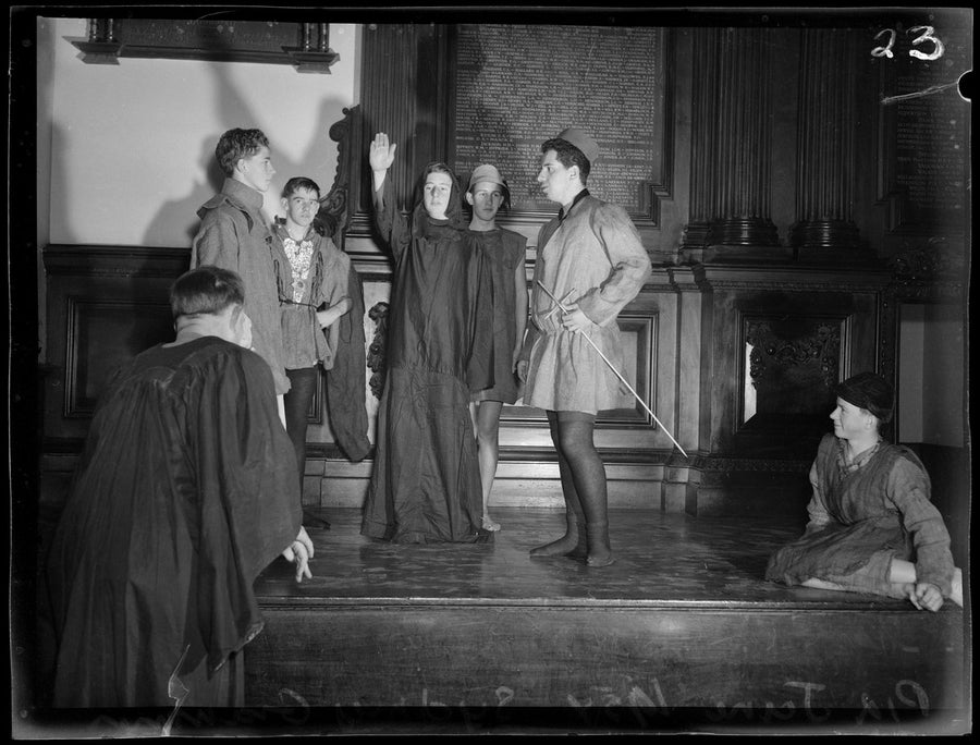 Sydney Grammar School students in costume for a stage production, 1954 — photograph, from Sydney Grammar School, Darlinghurst, circa 1954