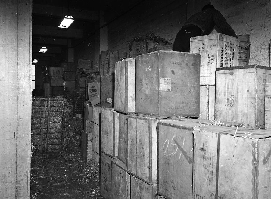 Imported beer cases stacked in a Sydney warehouse — photograph, from Sydney CBD, circa 1950