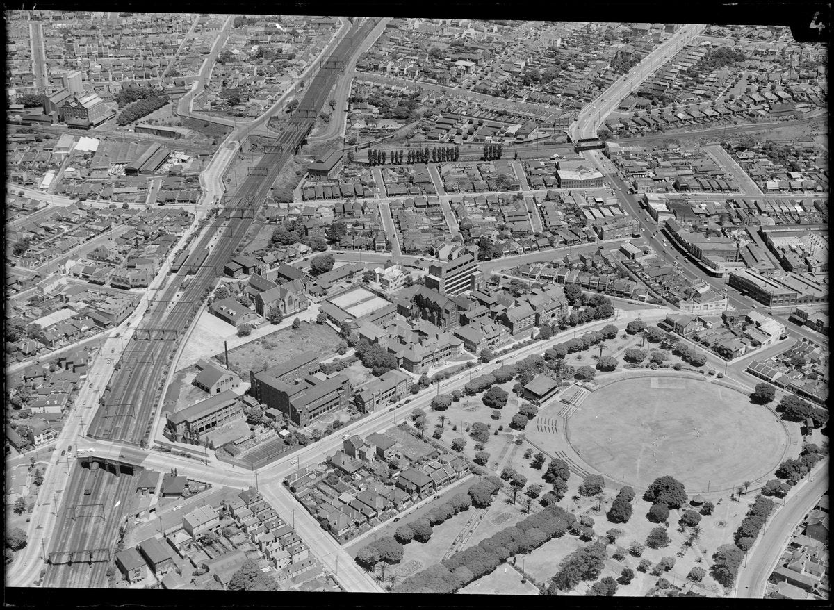Lewisham Hospital and surrounding streets from the air — photograph, from Lewisham Hospital, Lewisham, circa 1950