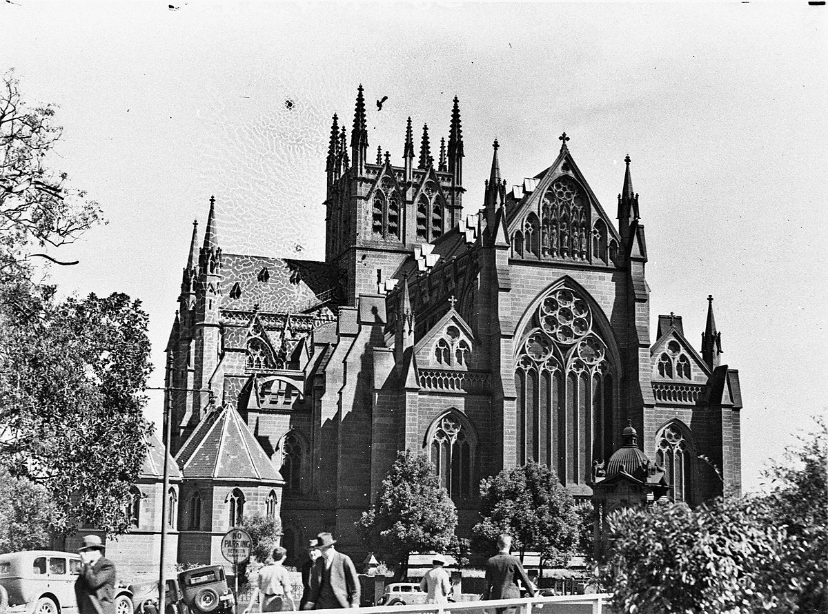 St Mary's Cathedral's northern face, Sydney, 1930 — photograph, from St Mary's Cathedral, circa 1930
