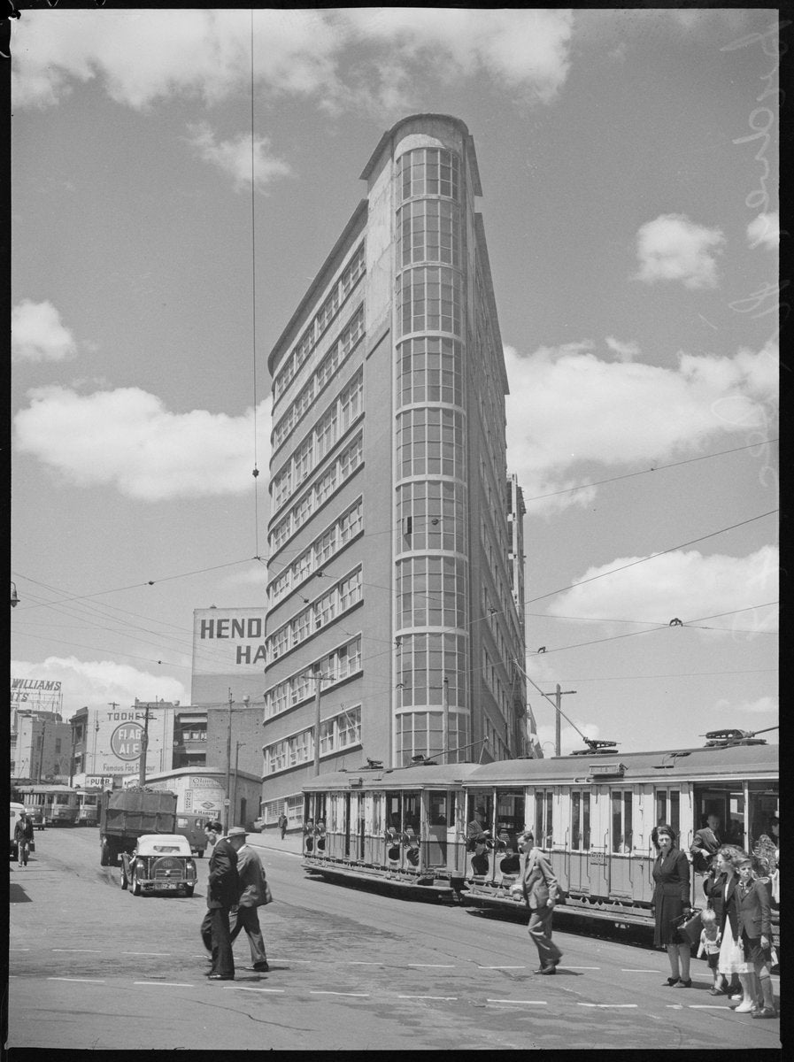 Dental Hospital tower on Chalmers Street, trams passing below — photograph, from Sydney Dental Hospital, Chalmers Street, Surry Hills, circa 1949
