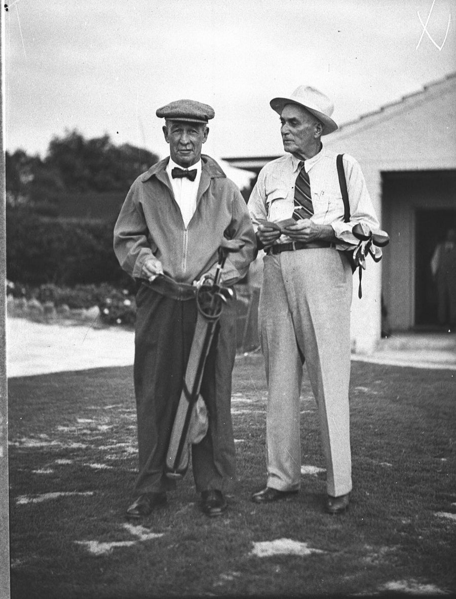 Two golfers at the Royal Sydney Golf Club, 1938 — photograph, from Royal Sydney Golf Club, Rose Bay, New South Wales, circa 1938