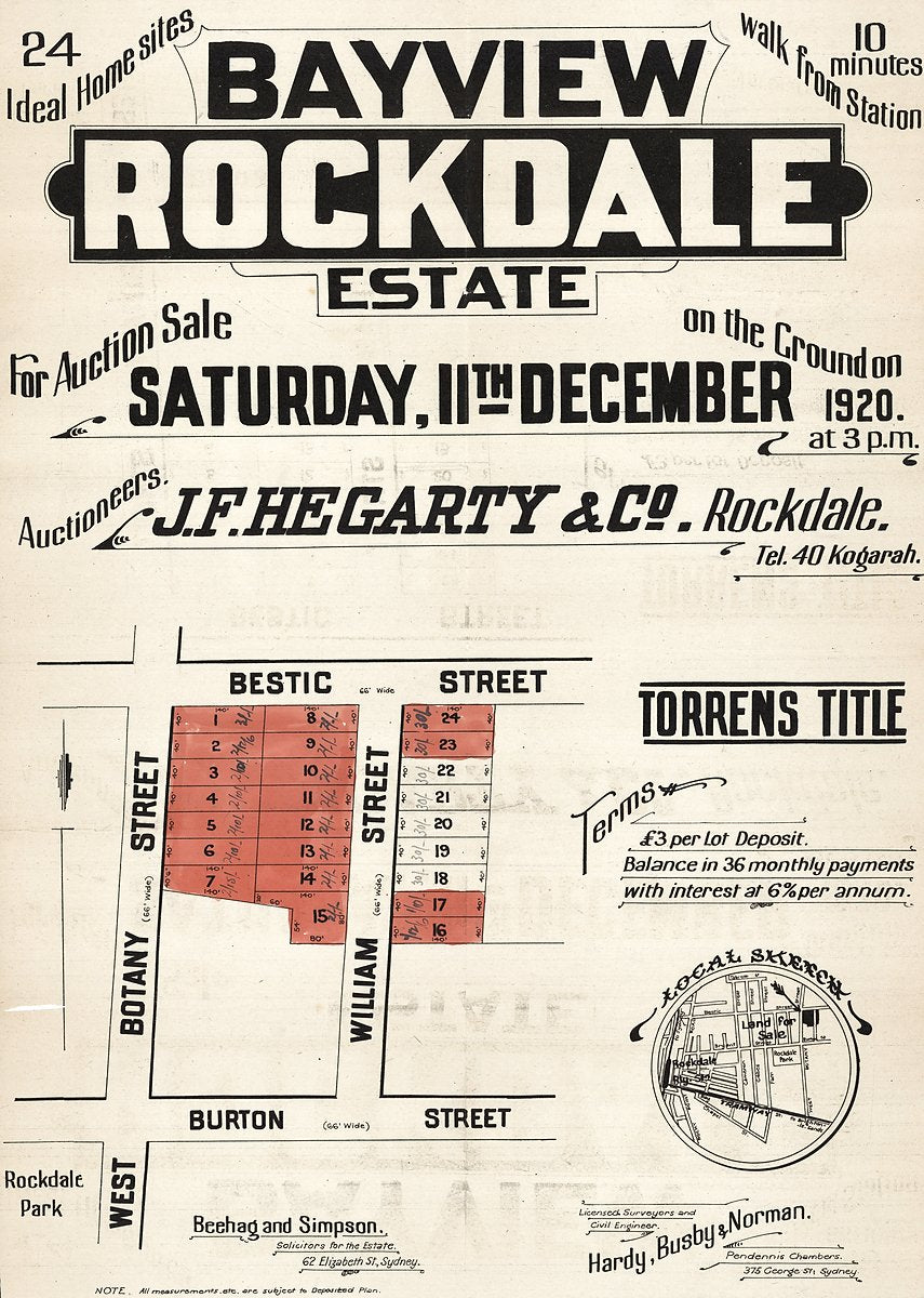 Bayview Rockdale Estate subdivision plan — map, from Rockdale, 1920