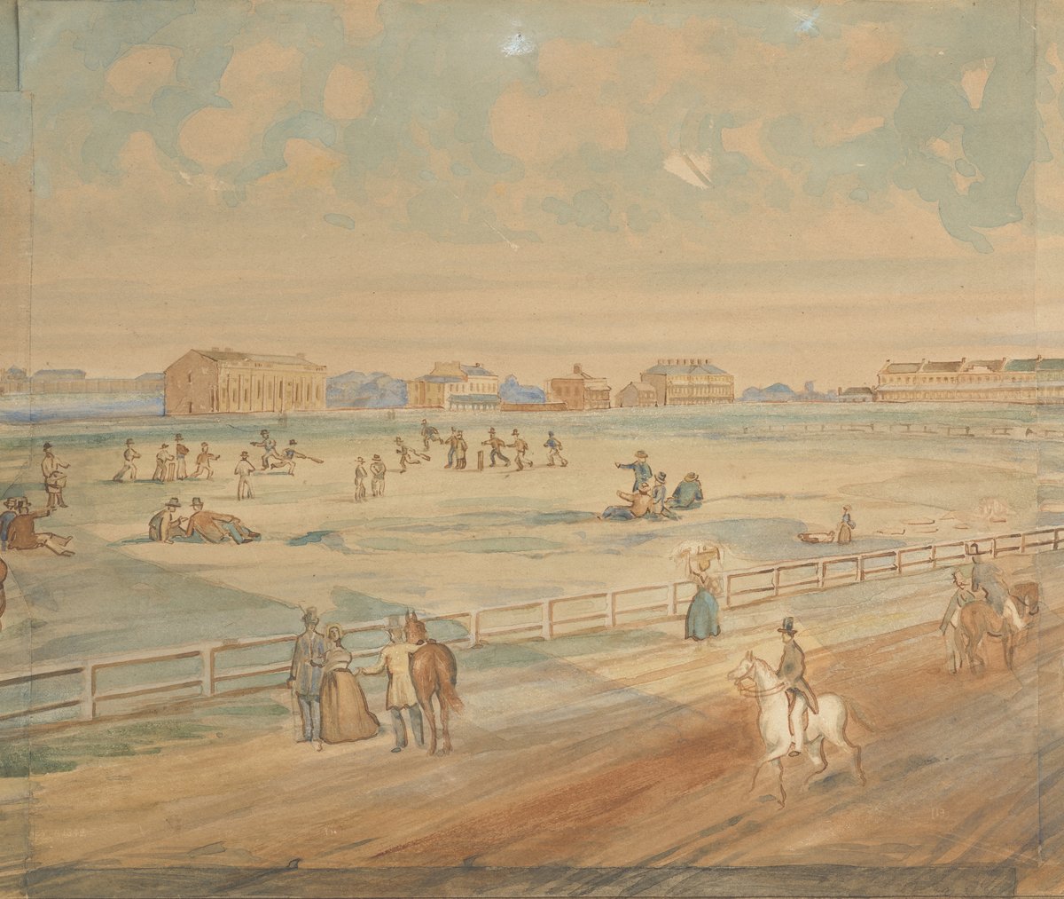 Cricket match in Hyde Park with Darlinghurst Gaol and Sydney College on the skyline — photograph, from Hyde Park, circa 1842