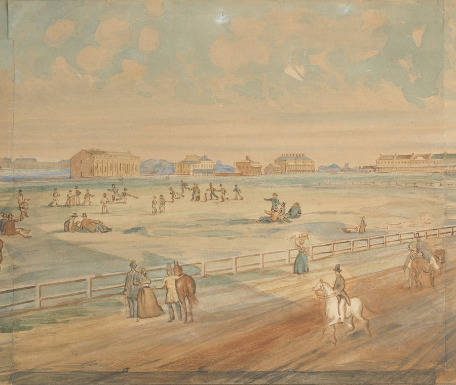 Cricket match in Hyde Park with Darlinghurst Gaol and Sydney College on the skyline — photograph, from Hyde Park, circa 1842