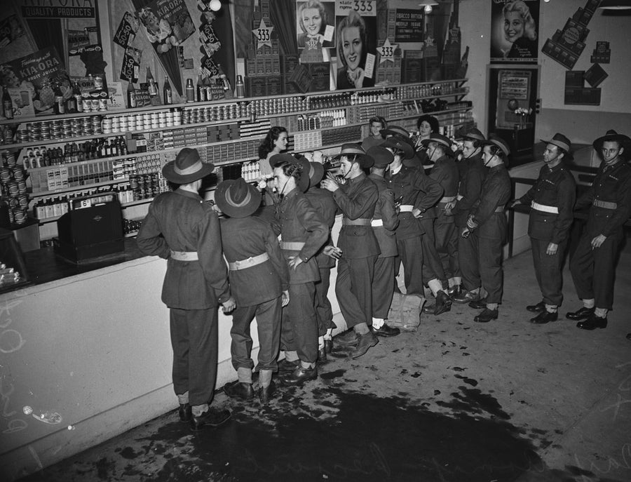 Army recruits at the canteen counter, Marrickville depot — photograph, from Marrickville, circa 1948