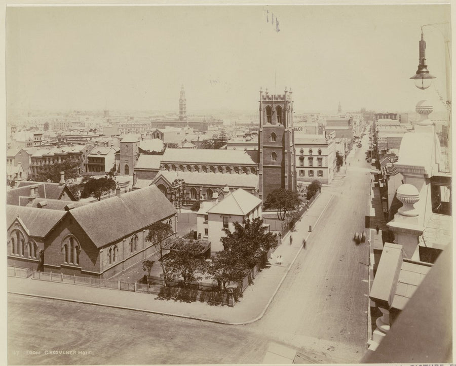 St Philip's Church and Clarence Street, Sydney, from the Grosvenor Hotel — photograph, from St Philip's Anglican Church, York Street, Sydney, circa 1887