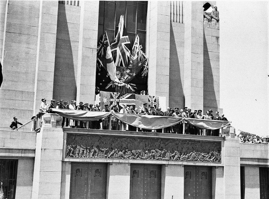 Flags Draped for the Anzac Memorial's Opening, Hyde Park, 1934 — photograph, from Anzac Memorial, circa 1934