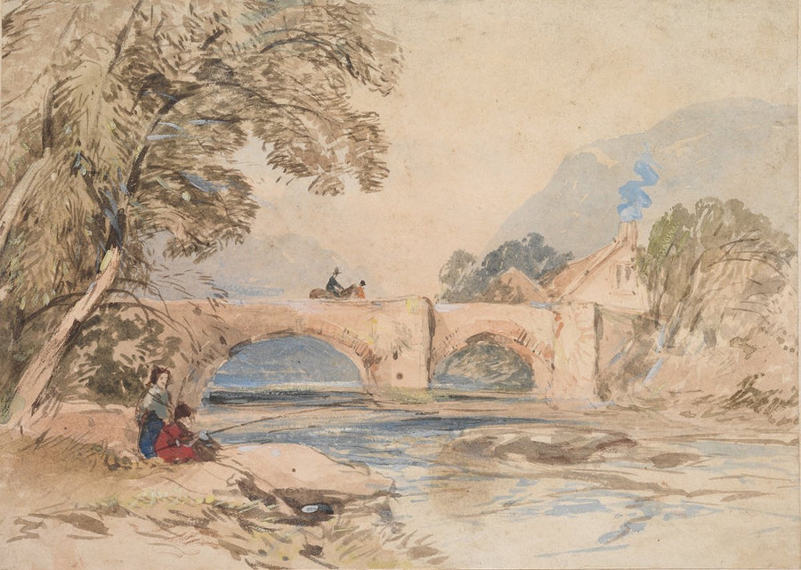 Stone bridge over a river with figures and cottage, 1850 — illustration, circa 1850