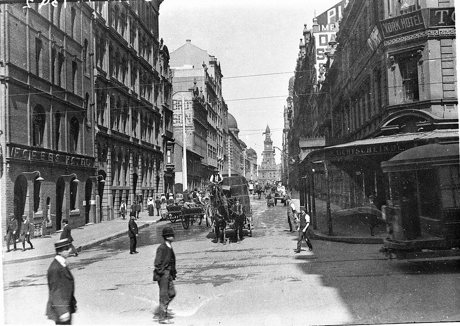 Horse-drawn traffic on York Street towards the Town Hall — photograph, from York Street, circa 1910
